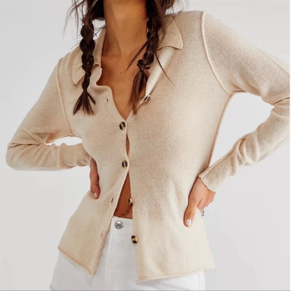 Free People Cream Button-Up Knit Cardigan